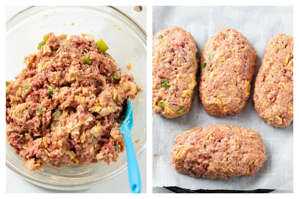 Combined meatloaf mixture in a glass bowl next to a baking sheet with molded mini meatloaf.