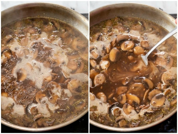 Showing how to make mushroom gravy by bringing mushrooms and beef broth to a boil and adding a slurry.