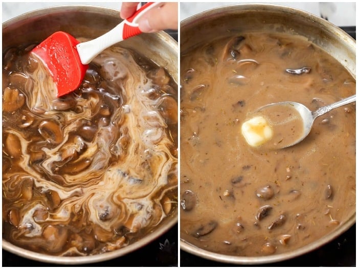 Showing how to make mushroom gravy by swirling cream and cold butter in at the end.