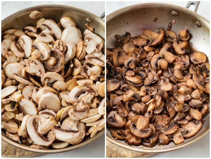 Showing how to make mushroom gravy by sauteing mushrooms in a pan.