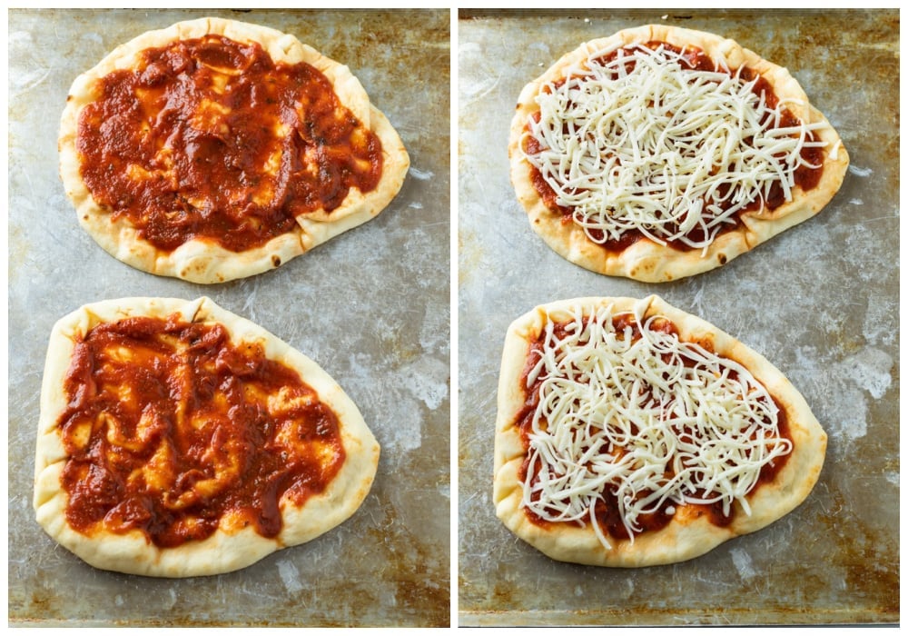 Naan Pizza with marinara sauce and cheese on top before being baked.