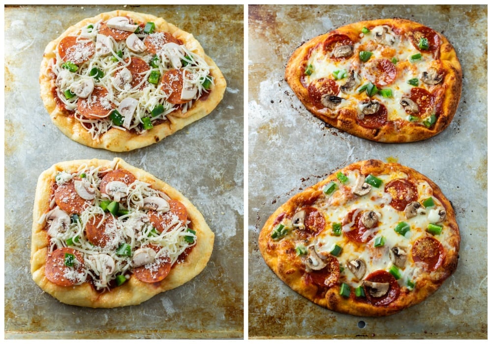 Naan Pizza with toppings and cheese before and after being baked.