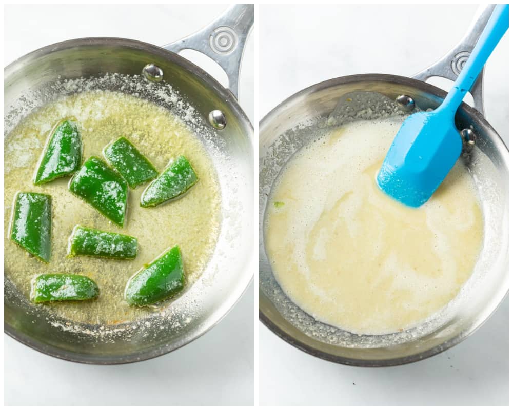 A skillet with melted butter and diced jalapenos to make Nacho Cheese Sauce.