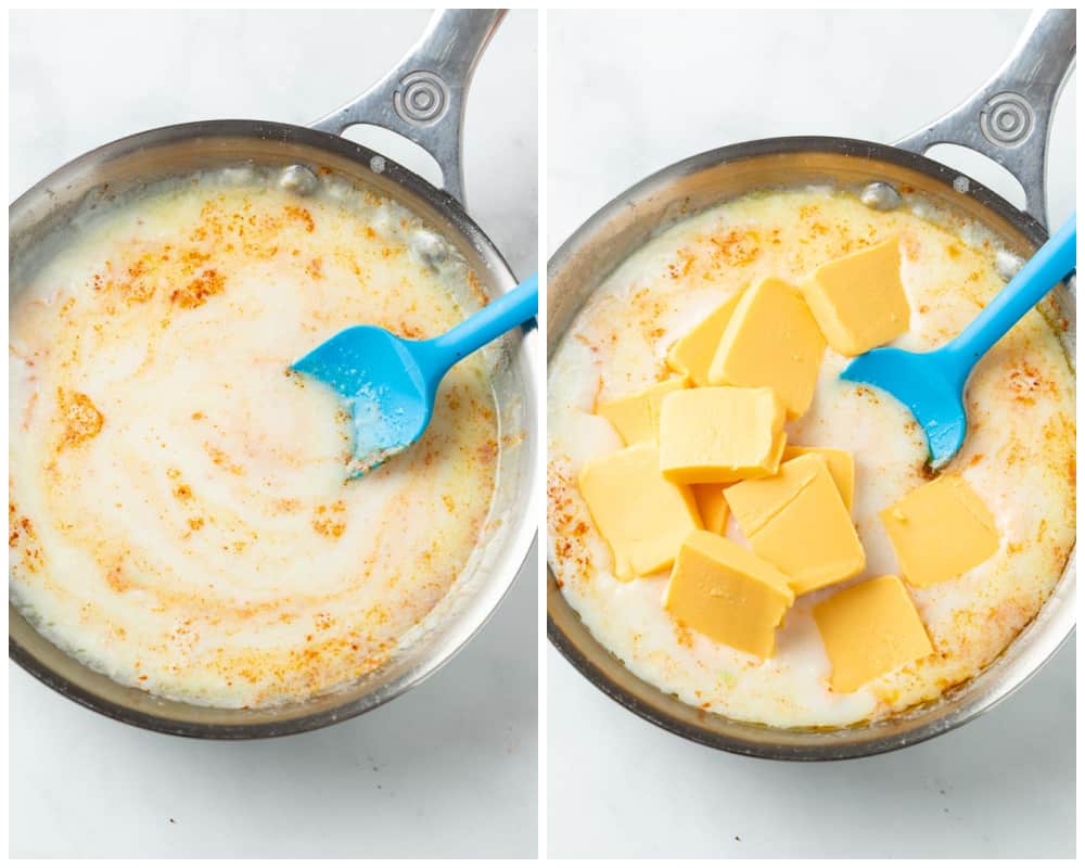 Adding Cheese to a skillet of roux with milk and seasonings for Nacho Cheese Sauce.