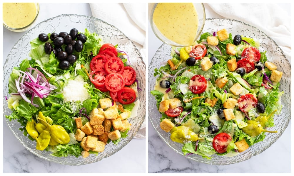 A bowl of Olive Garden Salad ingredients before and after being mixed together.