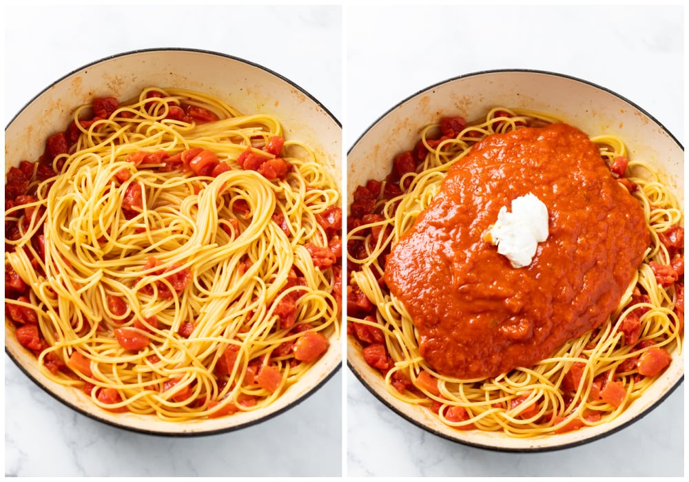 A pot with spaghetti noodles, diced tomatoes, marinara sauce, and cream cheese for one pot spaghetti.