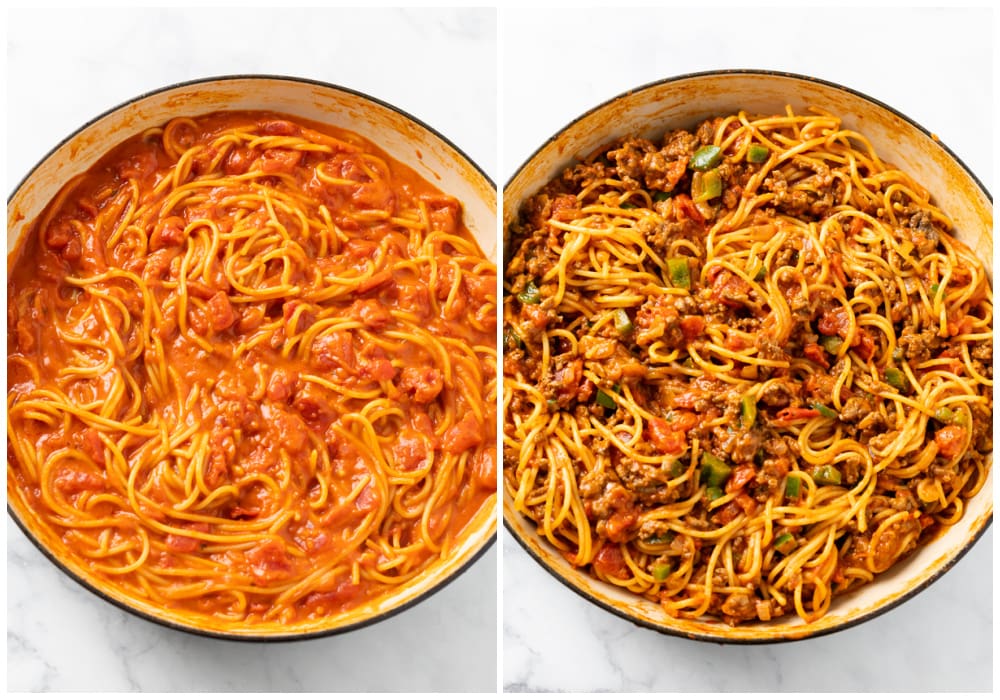 Adding meat to sauce to finish making One Pot Spaghetti.