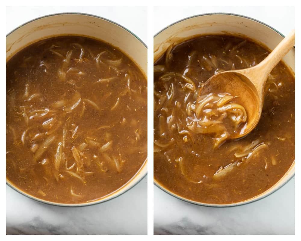 Onion Gravy in a pot before and after boiling and thickening.