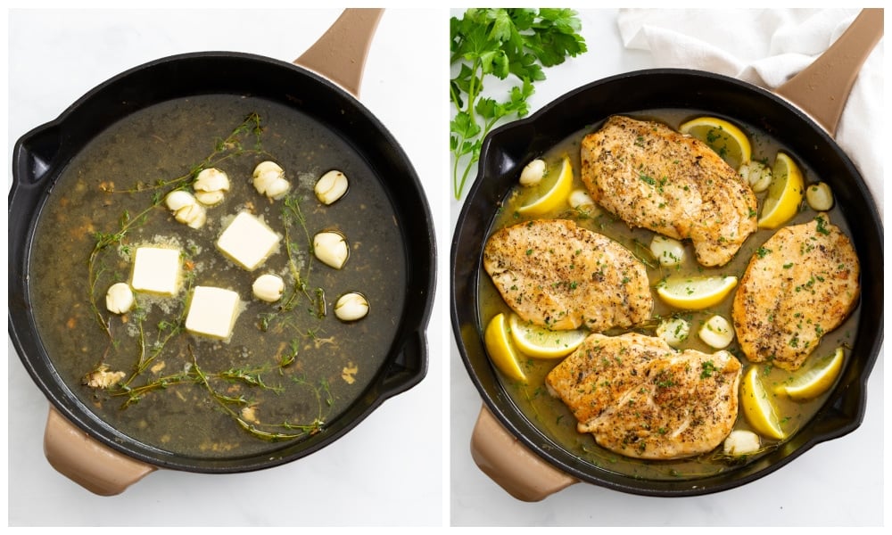 A skillet with a pan sauce next to a skillet of Pan Fried Chicken with garlic, lemon, and butter.