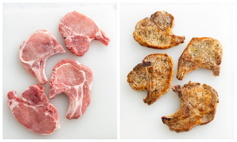 Center cut pork chops before and after being pan seared.