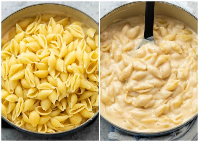 Adding cooked shell pasta to a soup pot and stirring it into Panera Mac & Cheese Sauce.