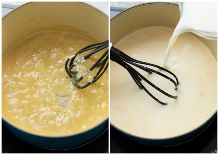Making a roux in a soup pot and adding milk to make Panera mac & cheese.