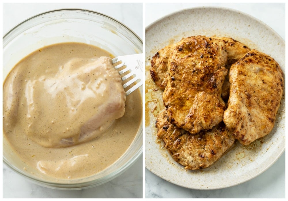 Marinated Chicken before and after searing.