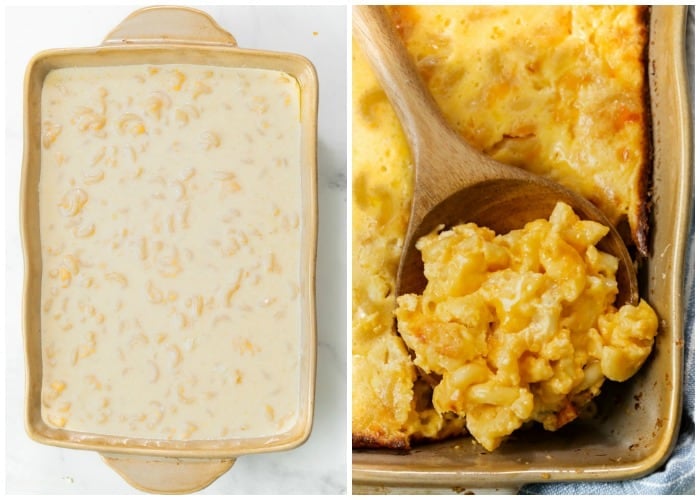 A casserole dish filled with Macaroni and Cheese before and after baking.