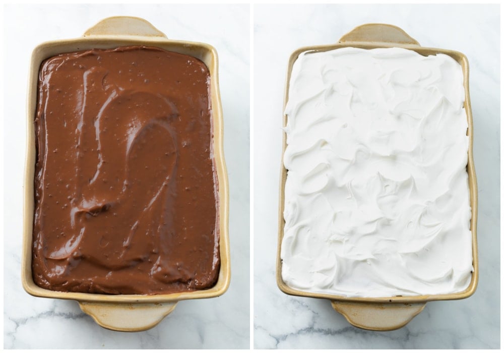 A casserole dish with chocolate pudding topped with Cool Whip.
