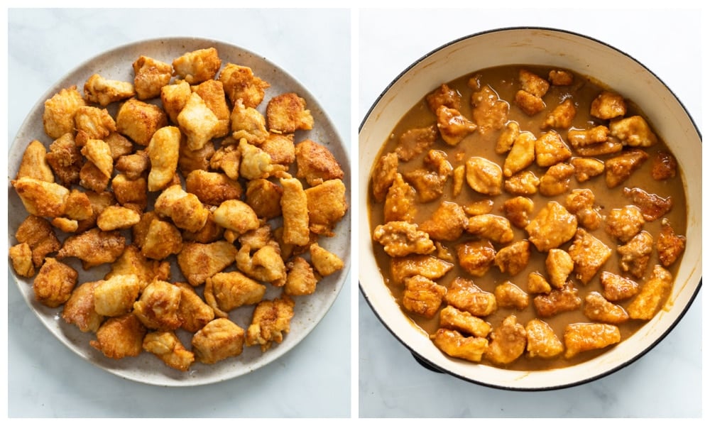 A plate of crispy chicken next to a skillet of crispy chicken in peanut sauce.