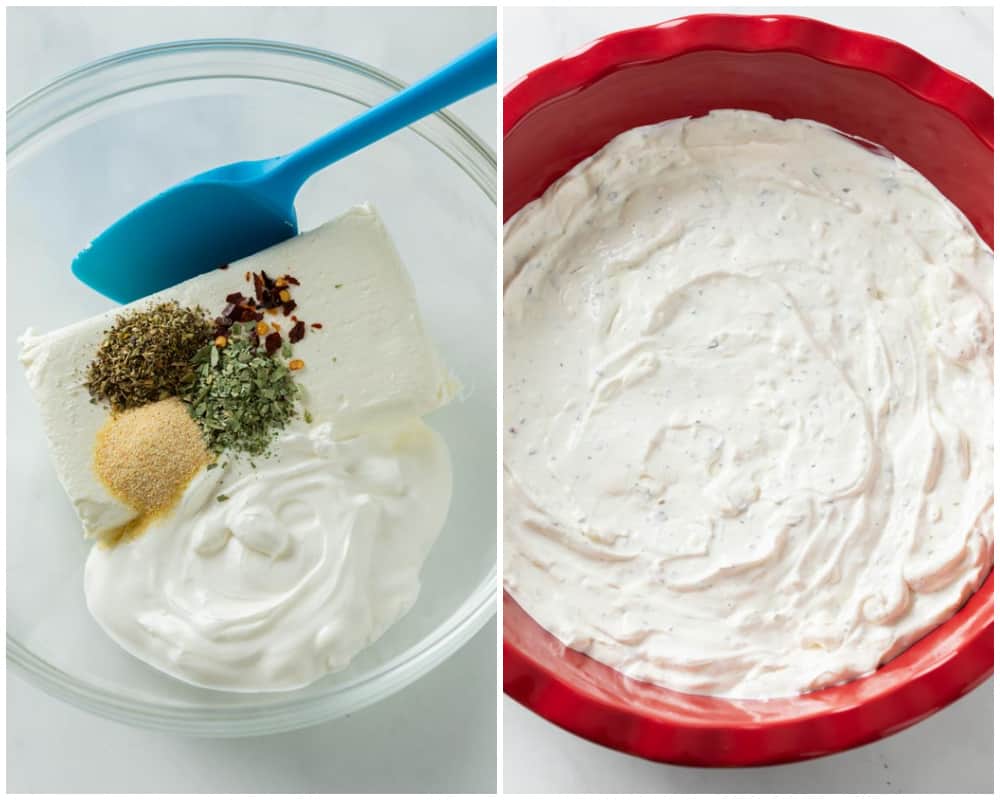 Mixing cream cheese, sour cream, and seasonings in a bowl and putting them in a pie plate for pizza dip.