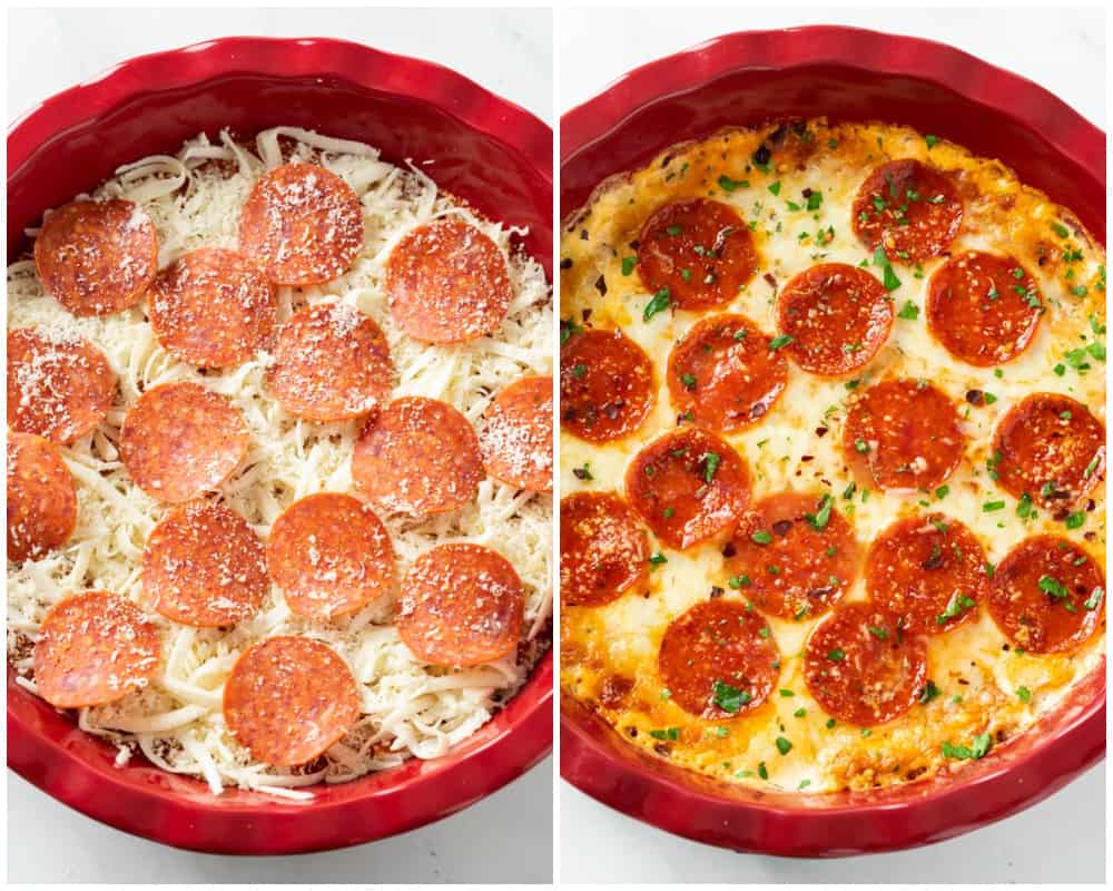 Pizza dip topped with pepperoni in a pie plate before and after baking.