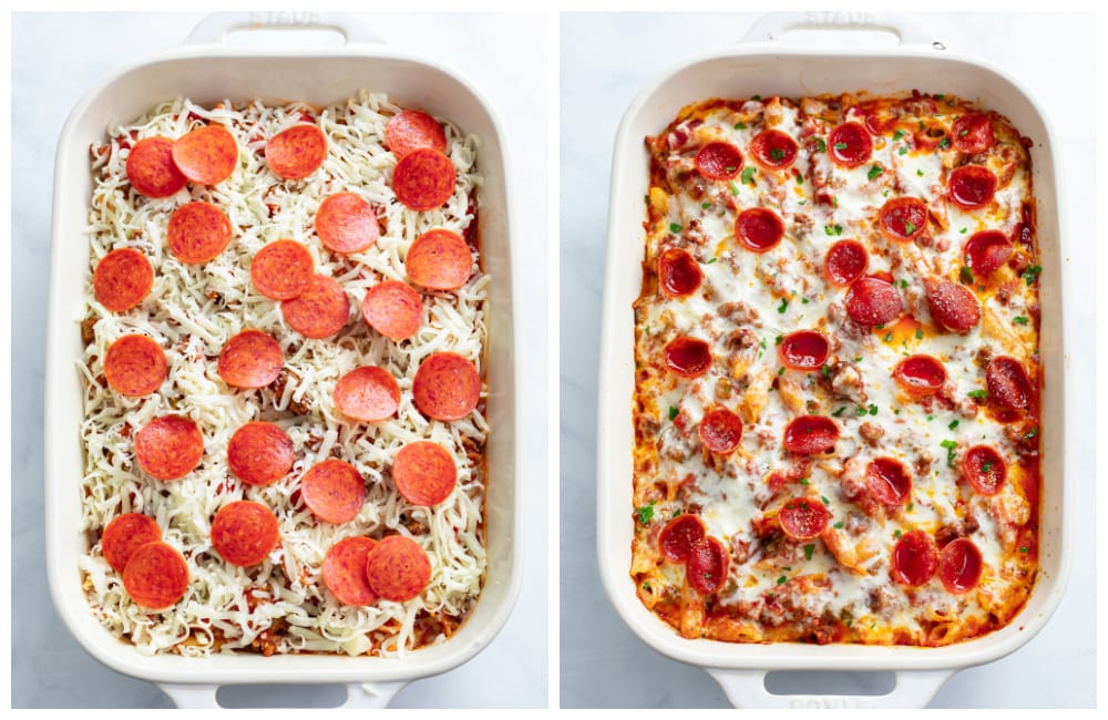 Pizza Pasta in a casserole dish before and after being baked.