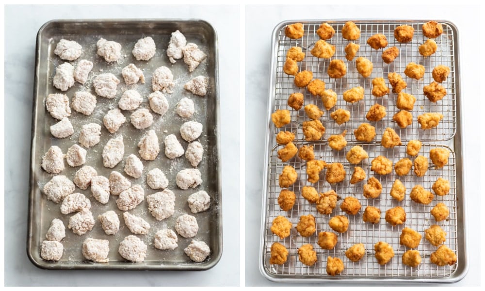 Popcorn chicken on a baking sheet before and after being deep fried.