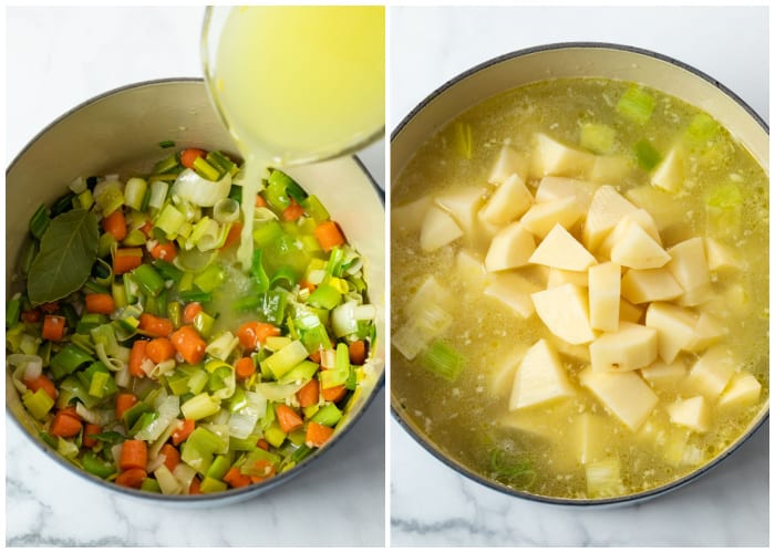A soup pot with sauteed vegetables and broth being added to make Potato Leek Soup.