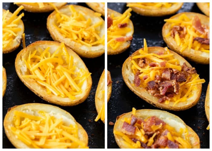 Adding shredded cheese and crumbled bacon to potato skins.