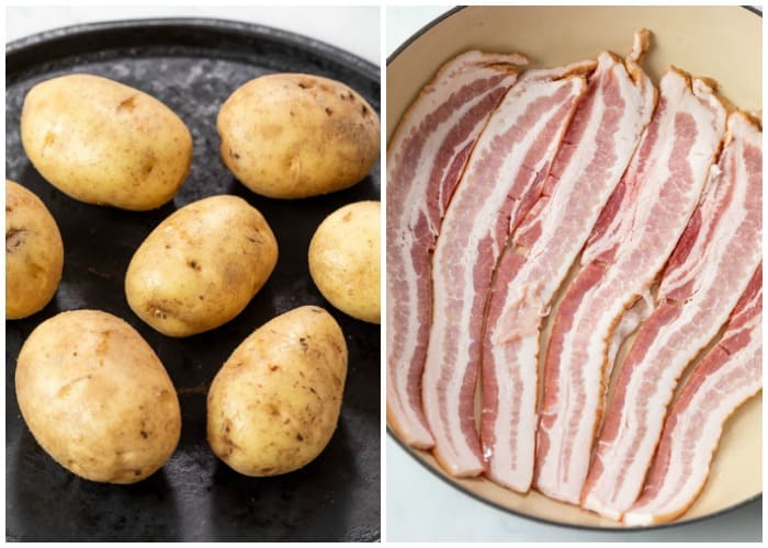 Potatoes on a baking sheet before being baked next to a skillet of uncooked bacon.