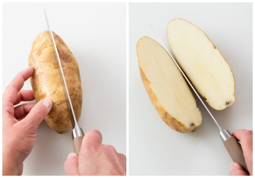Cutting a Russet potato in half to make Potato Wedges.