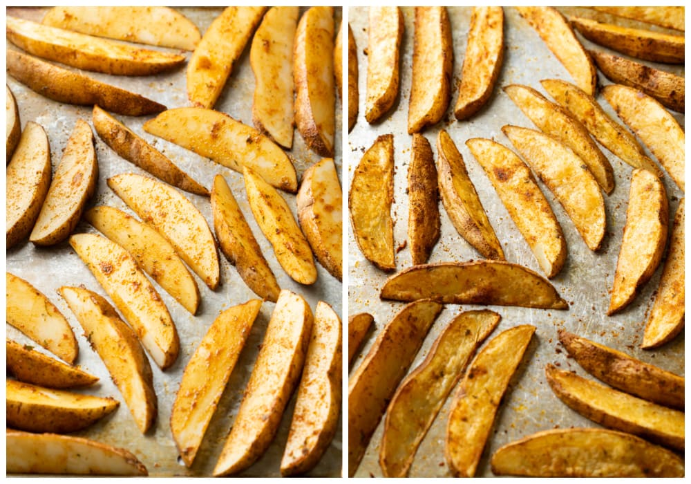 Baked potato wedges on a baking sheet before and after baking.