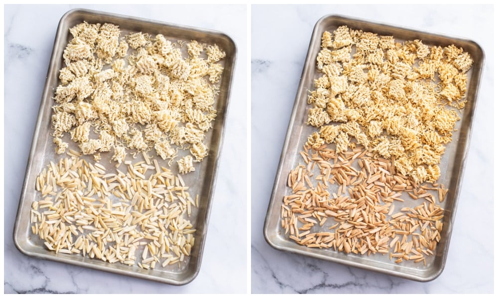 Ramen Noodles and slivered almonds on a baking sheet before and after baking.