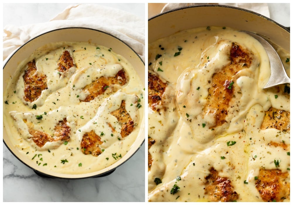 A skillet with seared golden chicken and a creamy Ranch sauce.