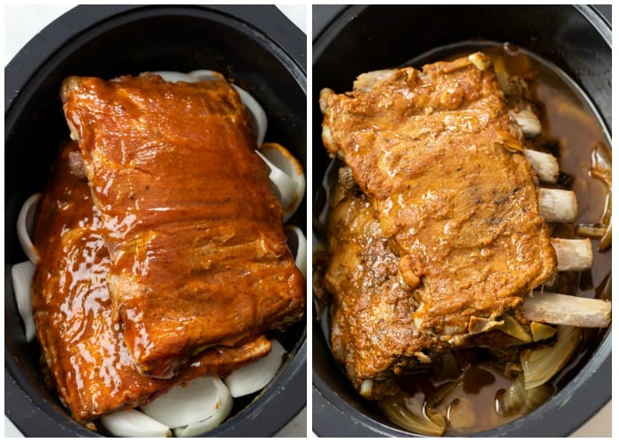 Racks of baby back ribs before and after being cooked in the Slow Cooker.