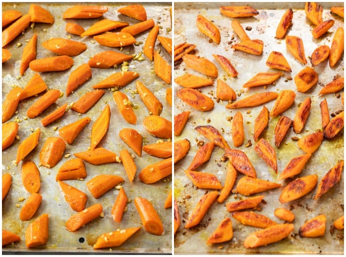 Roasted carrots on a baking sheet before and after baking.