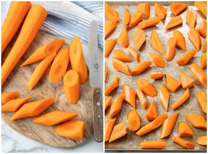 Showing how to make roasted carrots by slicing them and placing them on a baking sheet.