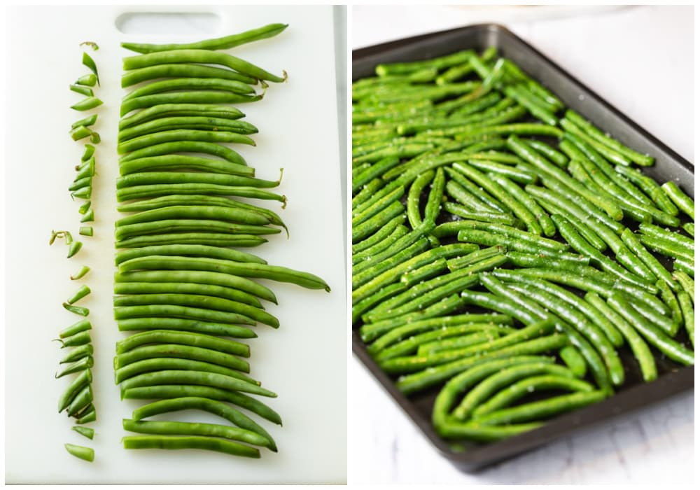 Fresh green beans lined up with the stems cut off next to green beans on a dark baking sheet.