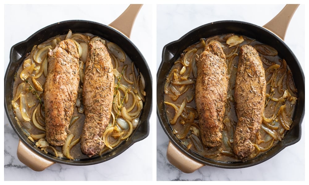 Pork Tenderloin in a skillet with onions and pan sauce before and after being roasted.