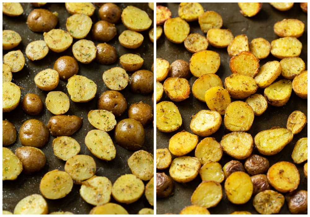 Potatoes on a baking sheet before and after being roasted.