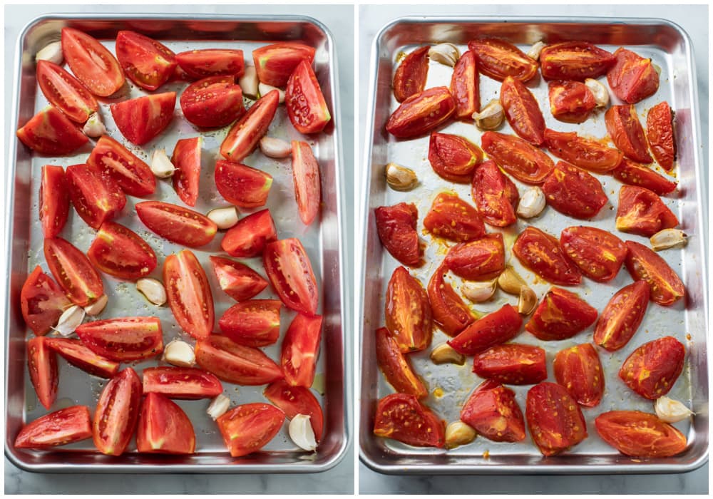 Tomatoes on a light baking sheet before and after being roasted.