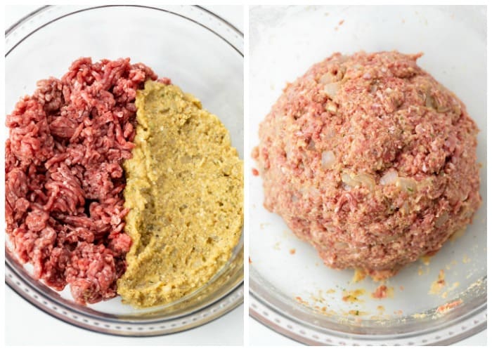 Combining meat with a panade to make mixture for Salisbury steak.