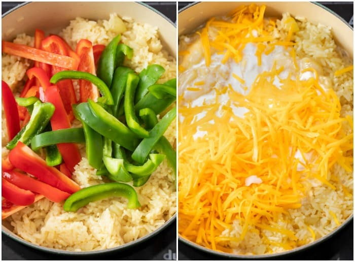 Adding peppers and cheese to sausage and rice.