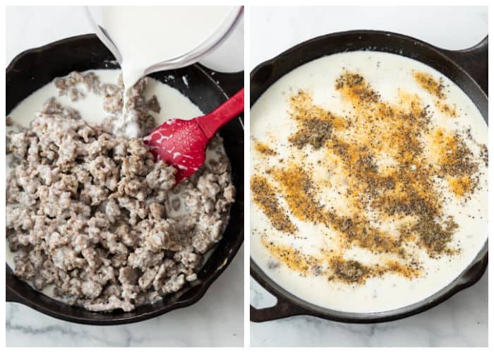 A skillet with sausage in it and milk and seasonings being added to make sausage gravy.