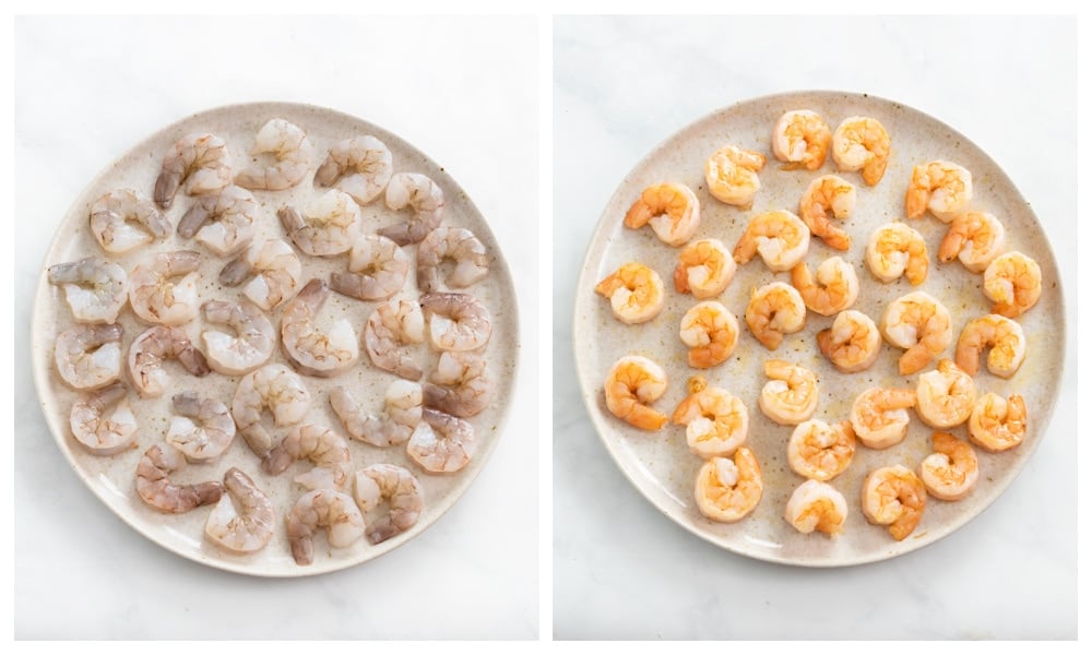 Shrimp on a plate before and after being cooked.