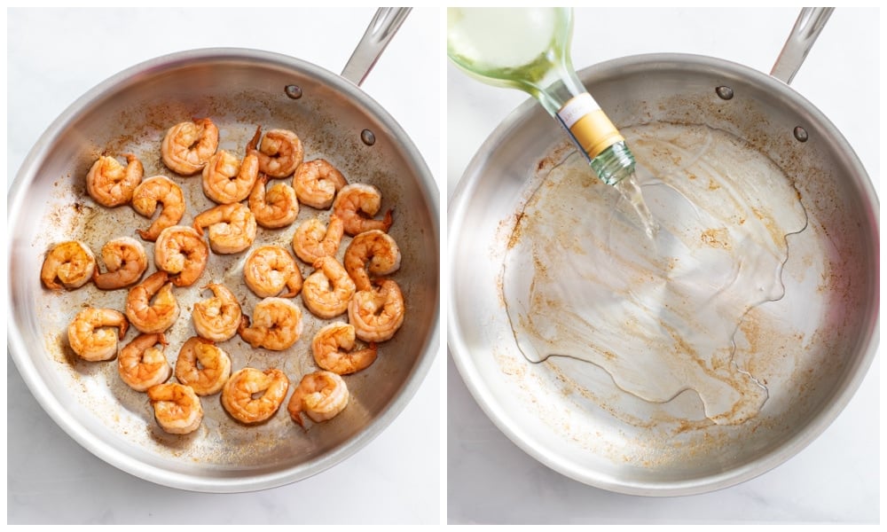 A skillet with cooked shrimp next to a skillet being deglazed with white wine.