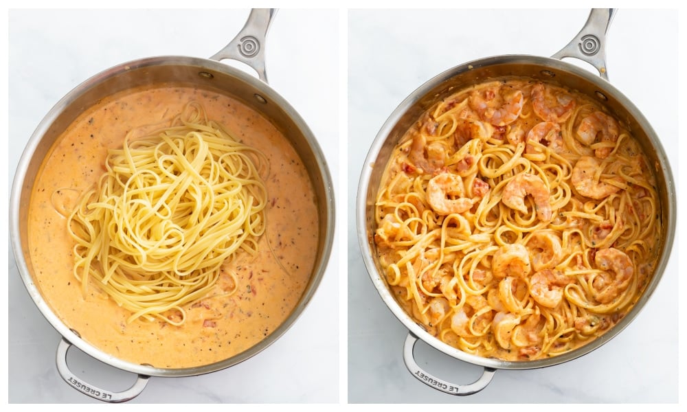 Adding linguine and shrimp to a creamy sauce for shrimp pasta.