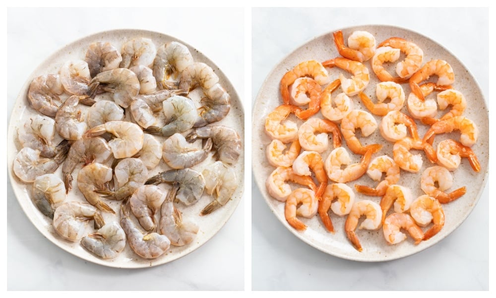 Shrimp on a white plate before and after cooking it.