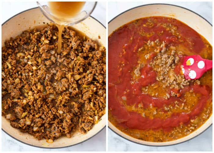 A large pot with ground beef and sauce with beef broth and sauce being added to make Skillet Lasagna.
