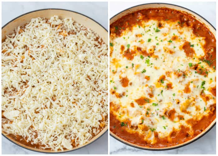 A large pot of Skillet Lasagna topped with cheese before and after baking.