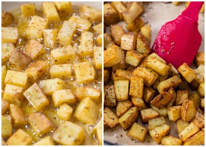 Seasoned potatoes cooking in a skillet until crispy.