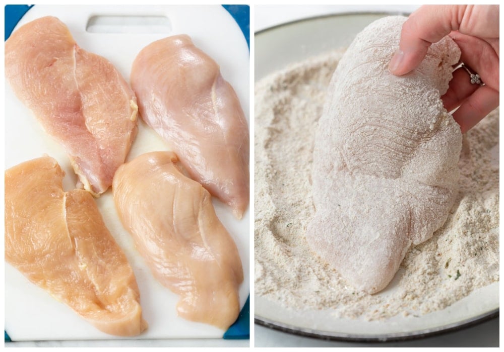 Chicken breasts sliced in half and coated in flour.
