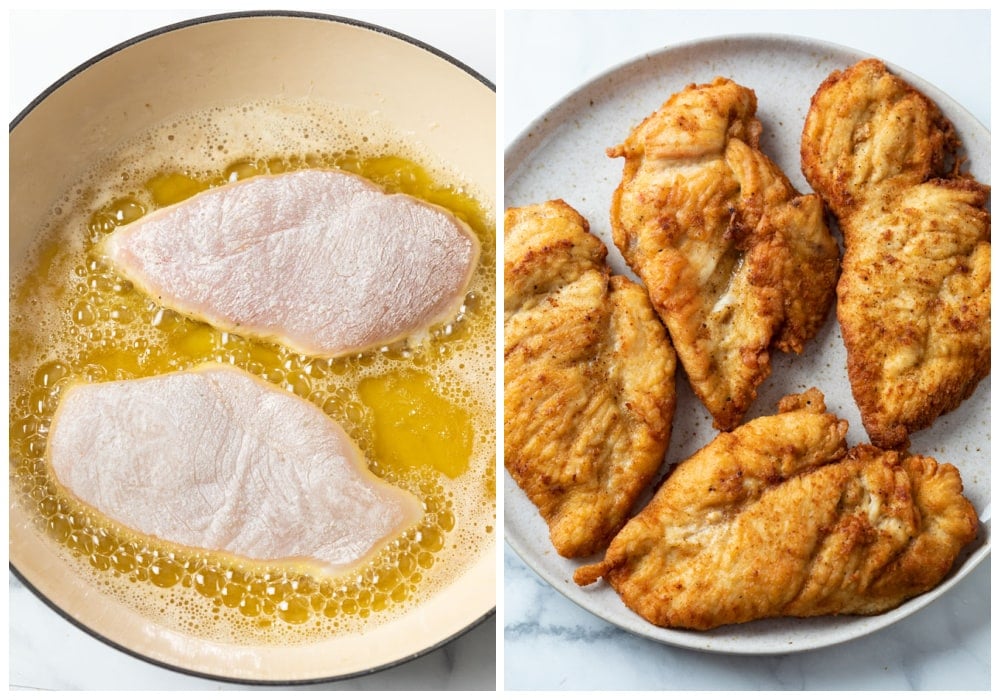 Chicken breasts before and after frying in oil.